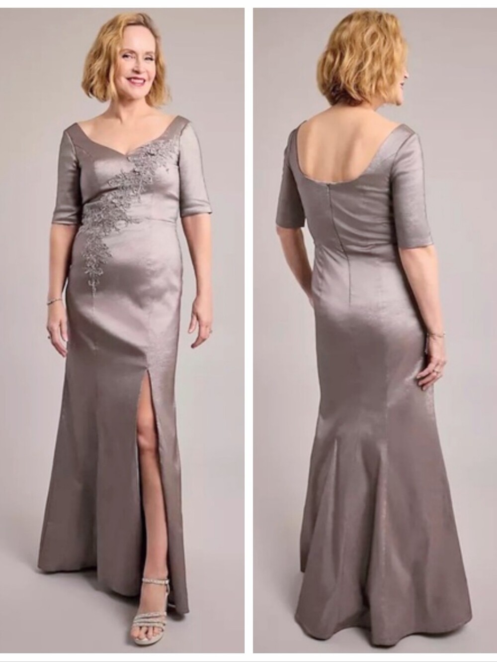 NWT Oleg Cassini $230 Satin Evening Gown Embroidered Metallic Silver Women's 16W